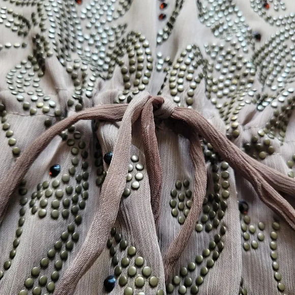 Boston Proper Women's Kaftan Chiffon Blouse Size M Brown Ombre V-neck Studded - Picture 4 of 11